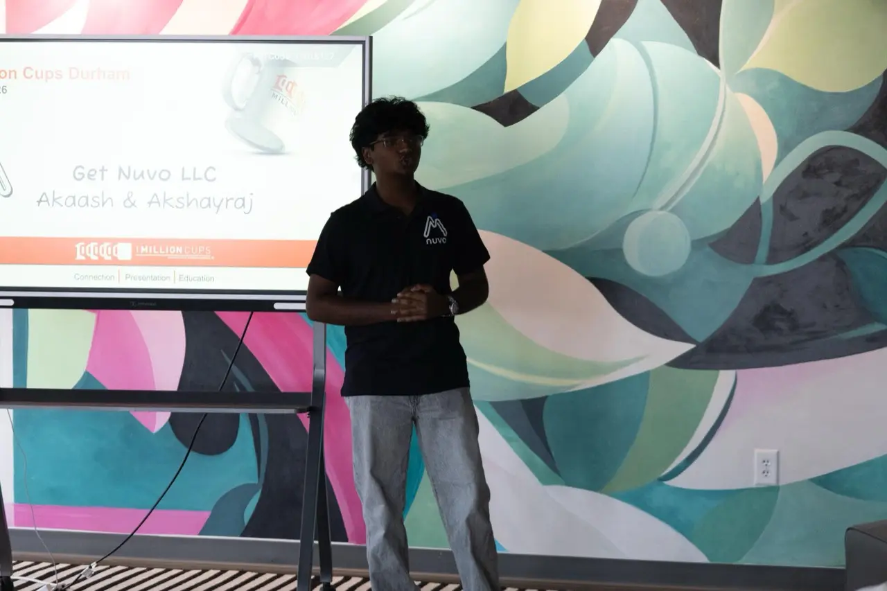 A Nuvo team member presenting Nuvo at 1 Million Cups Durham