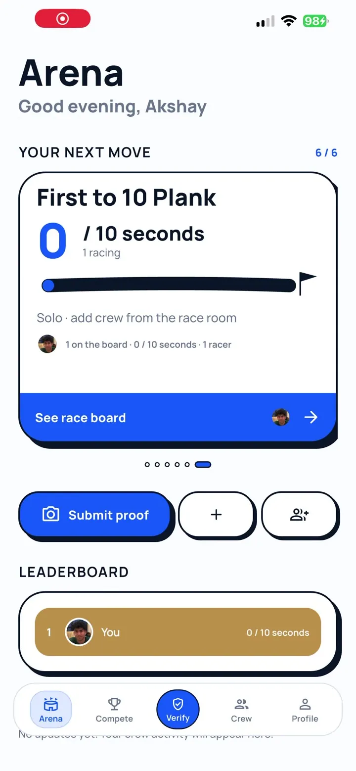 The Nuvo Arena screen with a live race and the crew's progress