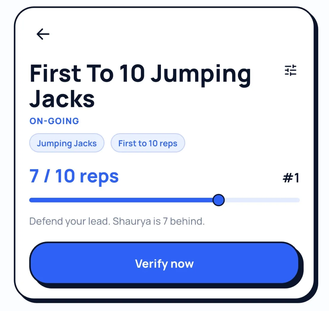 A Nuvo race card showing its format: first to 10 jumping jacks